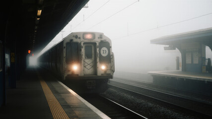 Fototapeta premium Modern metro train arriving at foggy platform in early morning with headlights on