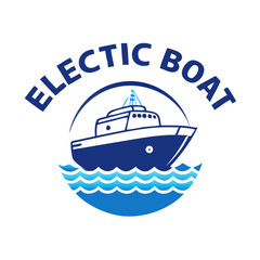Obraz premium Vector illustration of electric boat logo design in blue color scheme on black background