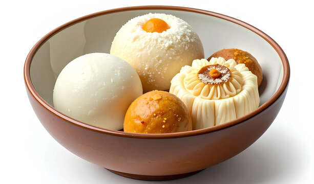 Traditional Bangladeshi sweets (roshogolla, chomchom, sandesh) in bowl, isolated PNG