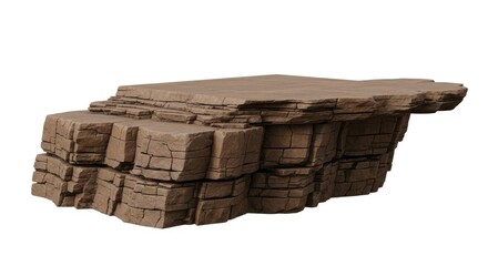 A brown layered rock formation with a flat top and rough cracked surfaces shown on a white background