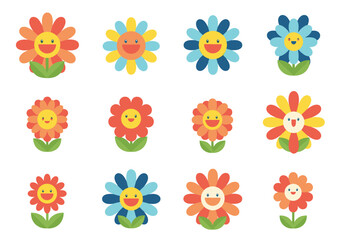 A cheerful collection of bright and happy cartoon flowers with smiling faces and green leaves on a white background for various design projects