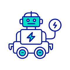 Minimalist robot character icon with energy lightning bolt on a black background