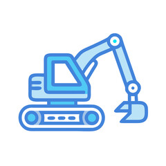 Minimalist icon of a blue construction excavator on a clean black background