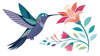 Colorful Hummingbird with Flowers in Flight Illustration.