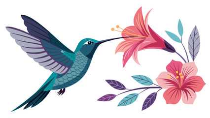 Colorful Hummingbird with Long Beak and Flowers.