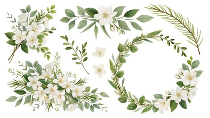 Watercolor floral set isolated on white background featuring white flowers and green leaves for wedding invitations and greeting cards design