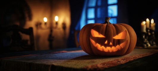 Obraz premium The Pumpkin with a Carved Grin Illuminated by Candlelight on Rustic Wooden Table