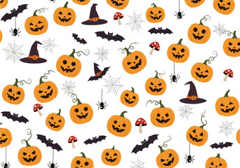 Whimsical halloween pattern featuring jack o lanterns bats spiders and witch hats for seasonal decorations