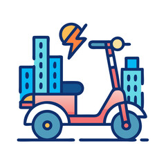 Electric scooter with city buildings and lightning bolt in trendy line art style