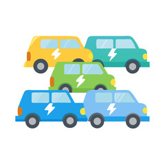 Colorful cartoon electric cars arranged in a stack formation on a black background