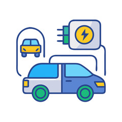 Fototapeta premium Stylized electric car charging graphic illustration with energy source and compact vehicle depiction