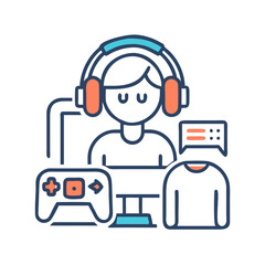 Gamer Avatar with Headset, Controller, and Computer in Flat Line Style Illustration