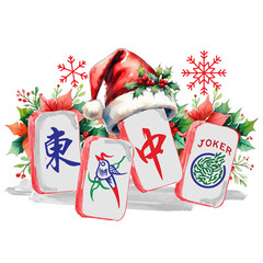 Festive Christmas illustration of four Mahjong tiles, one in the center wearing a Santa hat. Red flowers and leaves decorate the background, creating a holiday, gaming, and cheerful seasonal atmospher