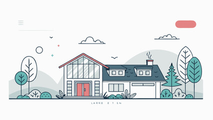 Fototapeta premium Illustrated Modern House with Red Doors and Windows.