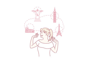 Traveling and dreaming of vacations concept. Young smiling blonde woman cartoon character standing dreaming of trip to Rome Rio London and Paris vector illustration