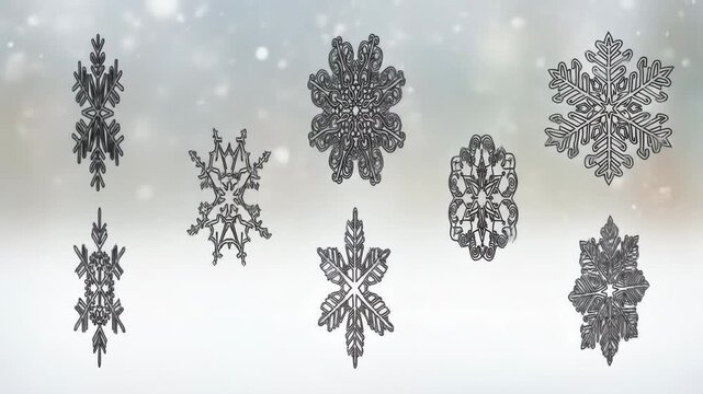 Eight black-lined snowflake designs float against a snowy, blurred backdrop. The shapes vary, displaying intricate, symmetrical details