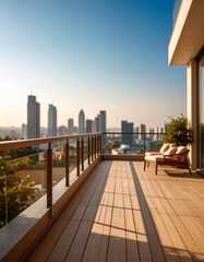 Obraz premium Spacious balcony view overlooking urban skyline with modern buildings and clear blue sky