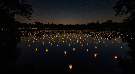 Starry Night Reflection: Floating Lanterns on a Still Pond
