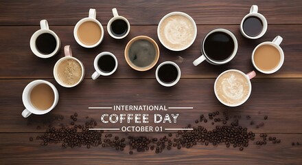 Diverse collection of coffee beverages in an assortment of cups, viewed from above on a rustic wood background, symbolizing a global coffee celebration