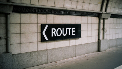 Obraz premium ROUTE sign on white tiled subway wall for underground navigation