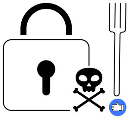 Padlock with keyhole, skull and crossbones, fork, and a thumbs up icon combining cyber safety, food safety, and digital approval. Ideal for security, warning, safety approval digital security