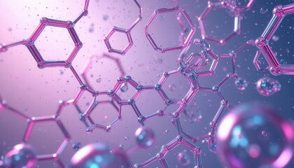 Pearl pink lilac gradient with metallic holographic glow, floating molecular wireframes, and hexagon grid. Perfect for biotech branding, sci‑fi design, and World Science Day campaigns.