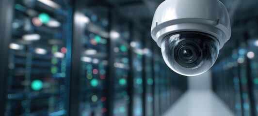 The security camera overlooking a high tech data center with blurred server racks