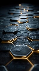 Futuristic Hexagonal Grid Pattern with Glowing Golden Edges and Dark Background