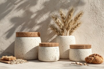 Four speckled ceramic storage jars with wooden lids, set against a light beige wall with shadows, and wheat stalks