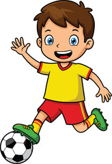 Happy cartoon boy playing soccer in uniform, kicking football with smile, isolated on white background, vector illustration clipart.