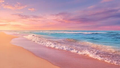 Pink Purple Sunset Over Calm Ocean Beach with Gentle Waves and Sandy Shore