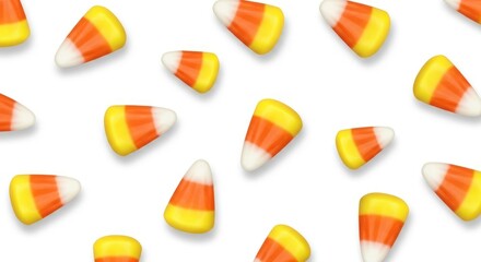 Vibrant candy corn treats scattered on a white background for holiday celebrations