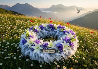 A beautiful floral wreath with a small plaque sits in a field of wildflowers, with majestic mountains and a bird in flight in the background