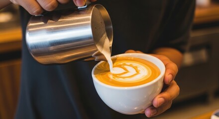 Barista makes latte coffee