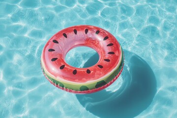 Inflatable watermelon ring drifting in a crystal clear blue swimming pool