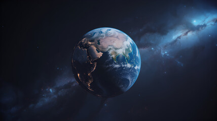 Majestic Earth glowing in the vast darkness of space, illuminated by stars and distant galaxies.