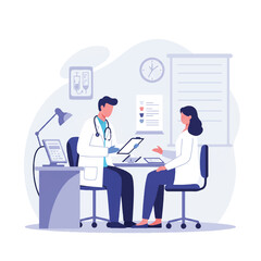 Flat 2D vector illustration of a doctor consulting a patient on an examination table in a clinic, surrounded by healthcare equipment, white background.