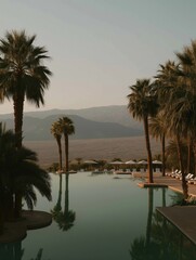 Obraz premium Beautiful landscape of a resort with a large swimming pool in the foreground. the pool is surrounded by palm trees and there are lounge chairs and umbrellas scattered around the pool.