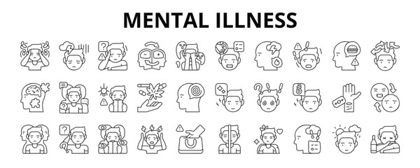 30 Mental Illness Line Icons Vector - Anxiety, OCD, PTSD, Panic Disorder, ADHD, Hallucination, Self Harm, Dementia, Paranoia