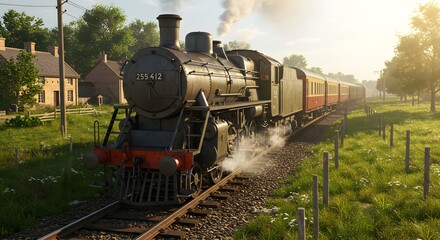 Naklejka premium Vintage Steam Train in Countryside – Historic Locomotive with Passenger Carriages