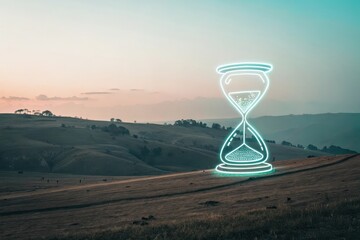 A glowing neon outline of an hourglass floating in empty space,