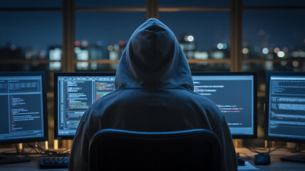 Anonymous hacker wearing a hood working on multiple computer screens at night