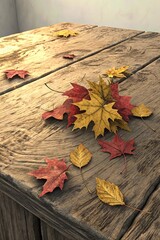 Obraz premium Colorful autumn leaves scattered on a rustic wooden table top indoors during fall season
