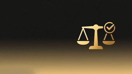 Golden balance scale with check mark symbolizing legal fairness, law, and corporate justice. Great for business, equality, and rights protection presentations or reports.