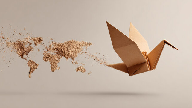 A paper crane flying away from the world map represents travel, peace, and freedom