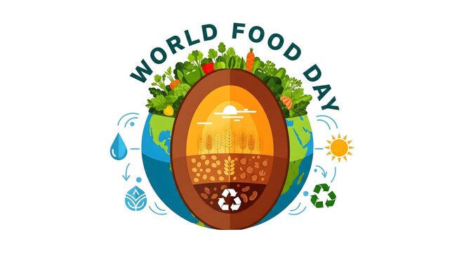 World Food Day eco concept illustration with Earth, soil layers, vegetables, recycling, water, and sun icons symbolizing sustainable agriculture, healthy eating, and global food security