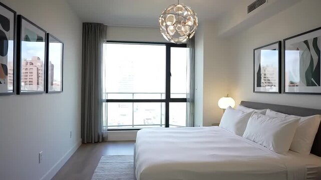A modern bedroom with a large window, a chandelier, and abstract art on the wall, bright and clean look