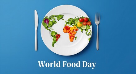 World Food Day creative design with plate showing world map made of vegetables and fruits, fork and knife on blue background symbolizing global nutrition, healthy eating, and sustainability