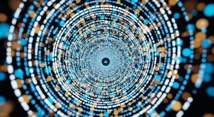AI text in a circular digital vortex of blue white and orange lights