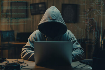 Anonymous hacker in a hooded sweatshirt working on a laptop in a dark room